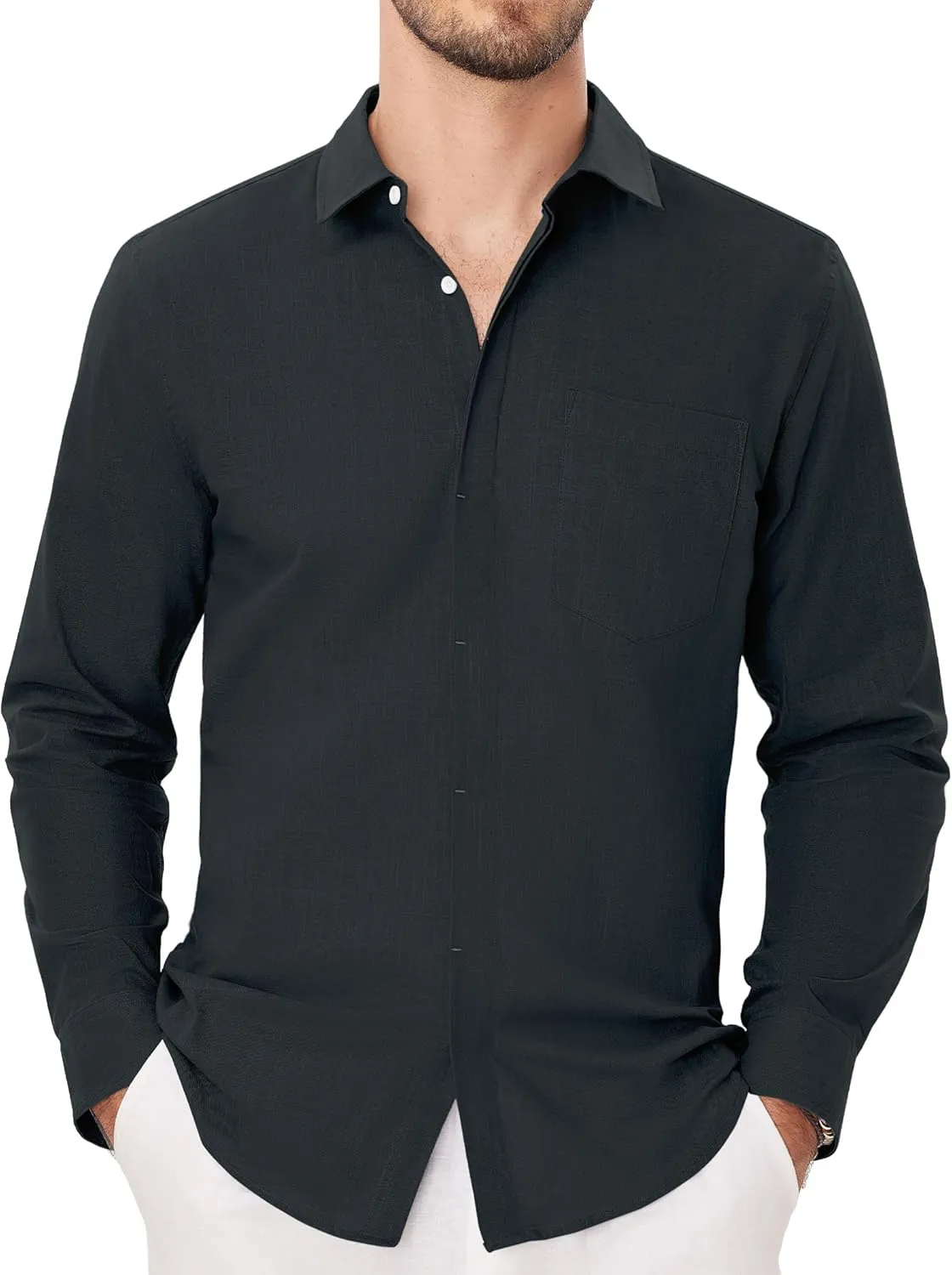 Button Down Linen Shirts for Men Casual Long Sleeve Shirts Cotton Linen Shirt with Pockets Speard Collar