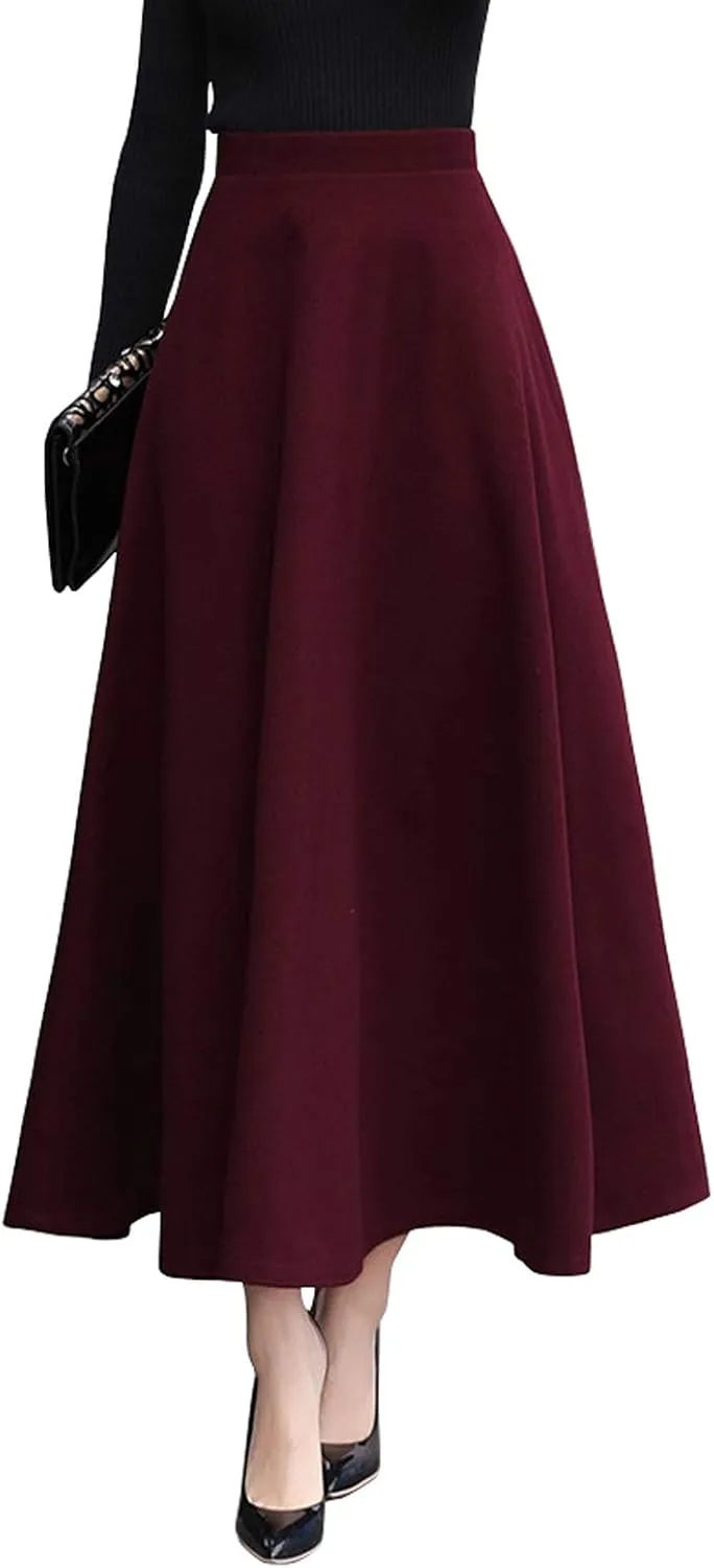 CHARTOU Women's Stretchy High Waist Woolen Flared A Line Swing Maxi Long Skirt