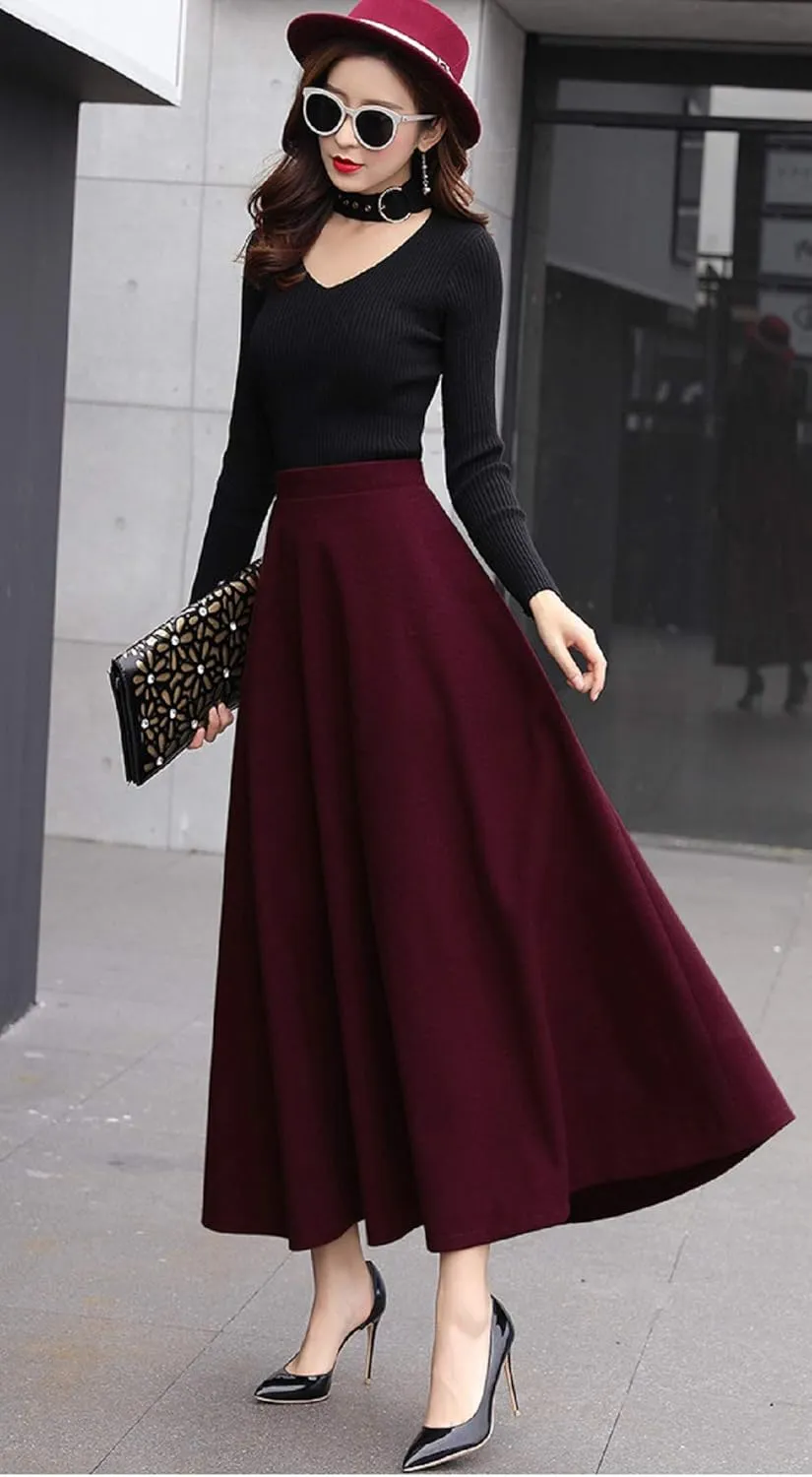 CHARTOU Women's Stretchy High Waist Woolen Flared A Line Swing Maxi Long Skirt
