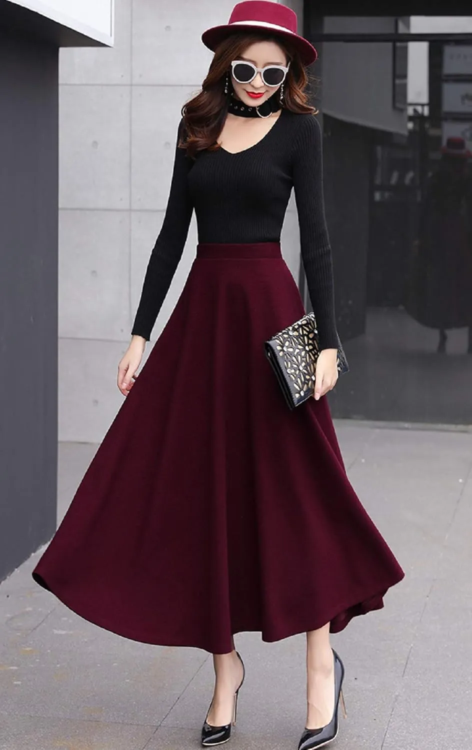 CHARTOU Women's Stretchy High Waist Woolen Flared A Line Swing Maxi Long Skirt