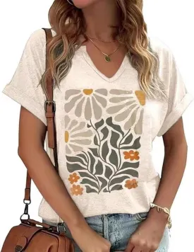 Earlymemb Womens Vintage Flowers V Neck Shirt Boho Floral Wildflowers Graphic Tee Casual Cottagecore Short Sleeve T Shirt