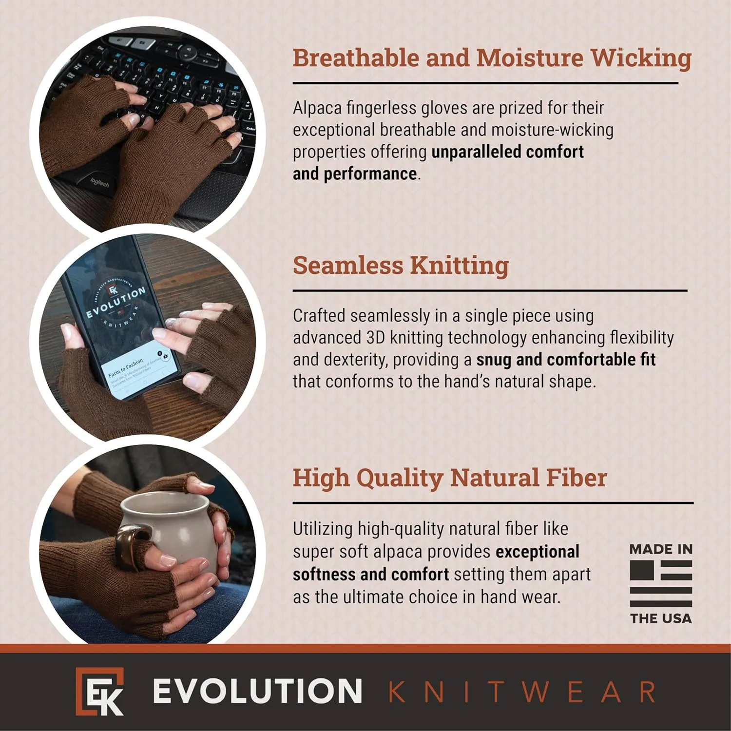 Evolution Knitwear Alpaca Knit Fingerless Gloves for Women - Super Soft Baby Alpaca - Made in the USA - Small