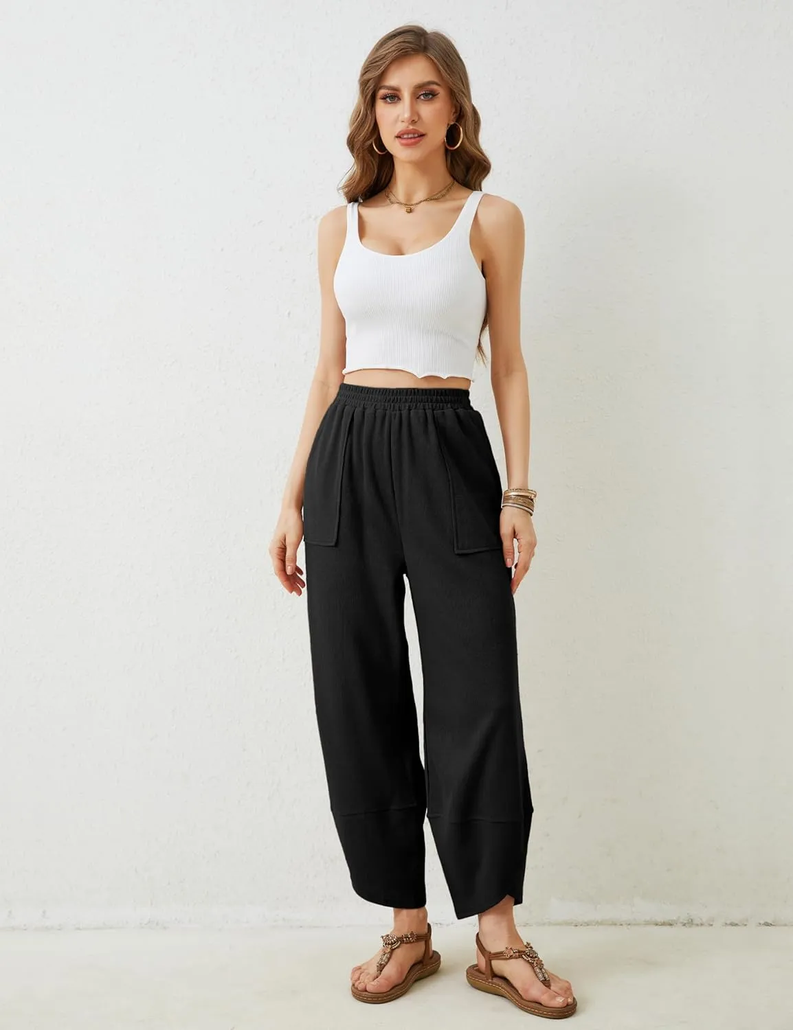 Faleave Women's Baggy Wide Leg Pants Elastic Waisted Casual Comfy Palazzo Harem Pants with Pockets