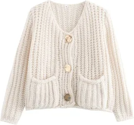 FindThy Womens Cropped Knit Cardigan Long Sleeve Crewneck Button Down Fall Sweater with Pockets