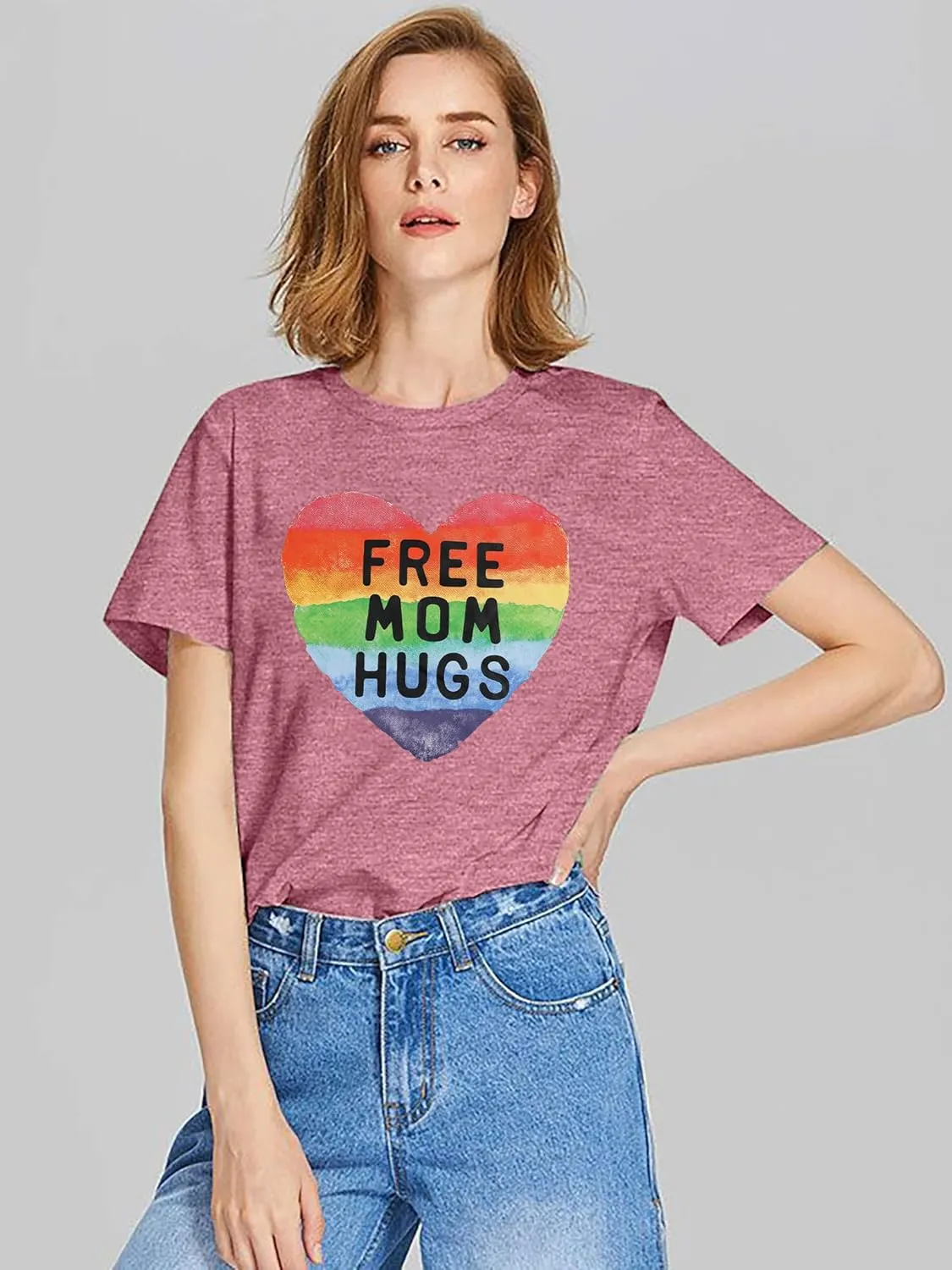 Gay Pride Shirt Women Free Mom Hugs T-Shirt Rainbow Heart Shirt LGBTQ Pride Shirt Rainbow Flag Tee Proud Ally Shirts