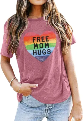 Gay Pride Shirt Women Free Mom Hugs T-Shirt Rainbow Heart Shirt LGBTQ Pride Shirt Rainbow Flag Tee Proud Ally Shirts
