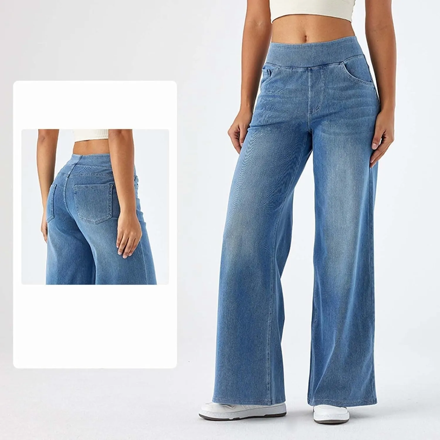 Large Size Denim High-Waisted Thin Multi-Pocket Straight Loose Dressy Casual Pants