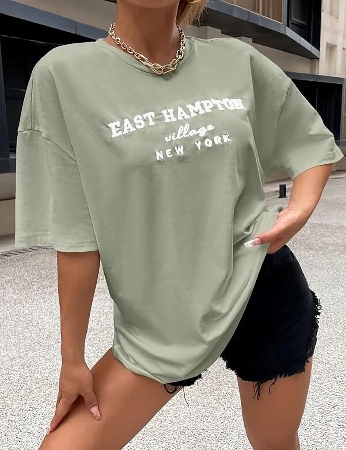 Lauweion Women Drop Shoulder East Hampton Letter T-Shirt Oversized Graphic Baggy Trendy Tee Shirt Top