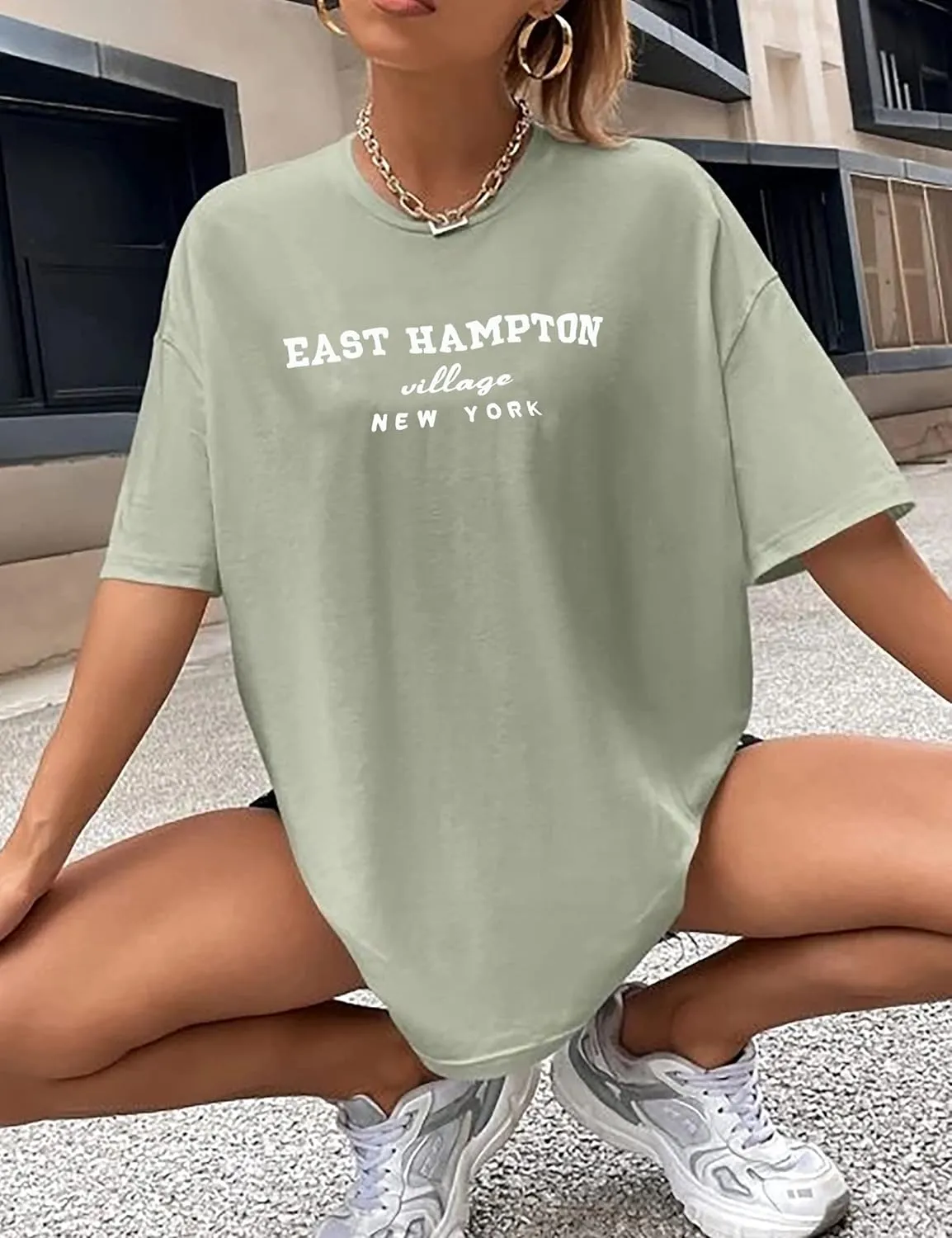 Lauweion Women Drop Shoulder East Hampton Letter T-Shirt Oversized Graphic Baggy Trendy Tee Shirt Top