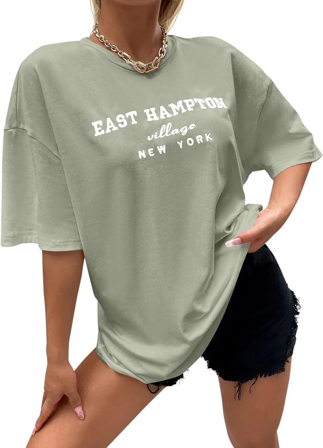 Lauweion Women Drop Shoulder East Hampton Letter T-Shirt Oversized Graphic Baggy Trendy Tee Shirt Top