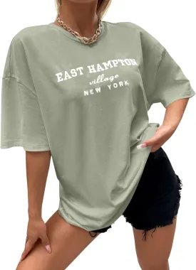 Lauweion Women Drop Shoulder East Hampton Letter T-Shirt Oversized Graphic Baggy Trendy Tee Shirt Top