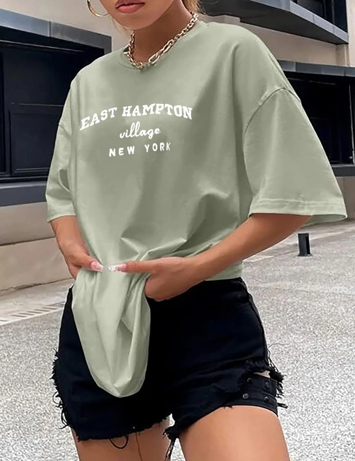 Lauweion Women Drop Shoulder East Hampton Letter T-Shirt Oversized Graphic Baggy Trendy Tee Shirt Top