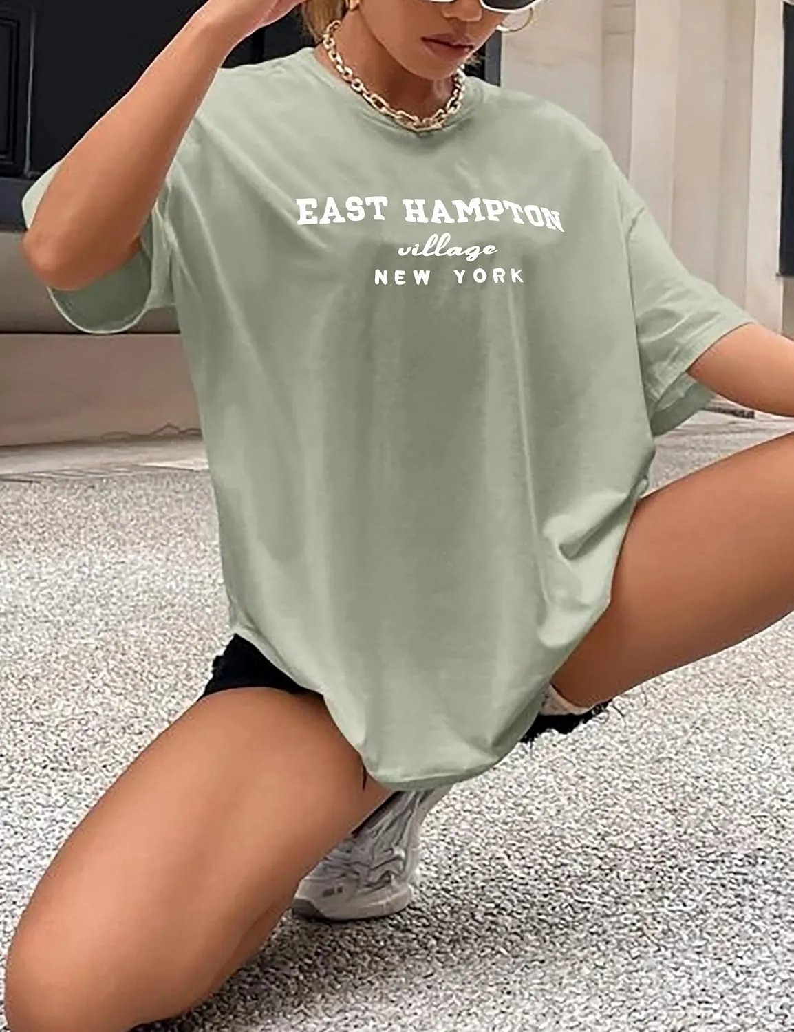 Lauweion Women Drop Shoulder East Hampton Letter T-Shirt Oversized Graphic Baggy Trendy Tee Shirt Top