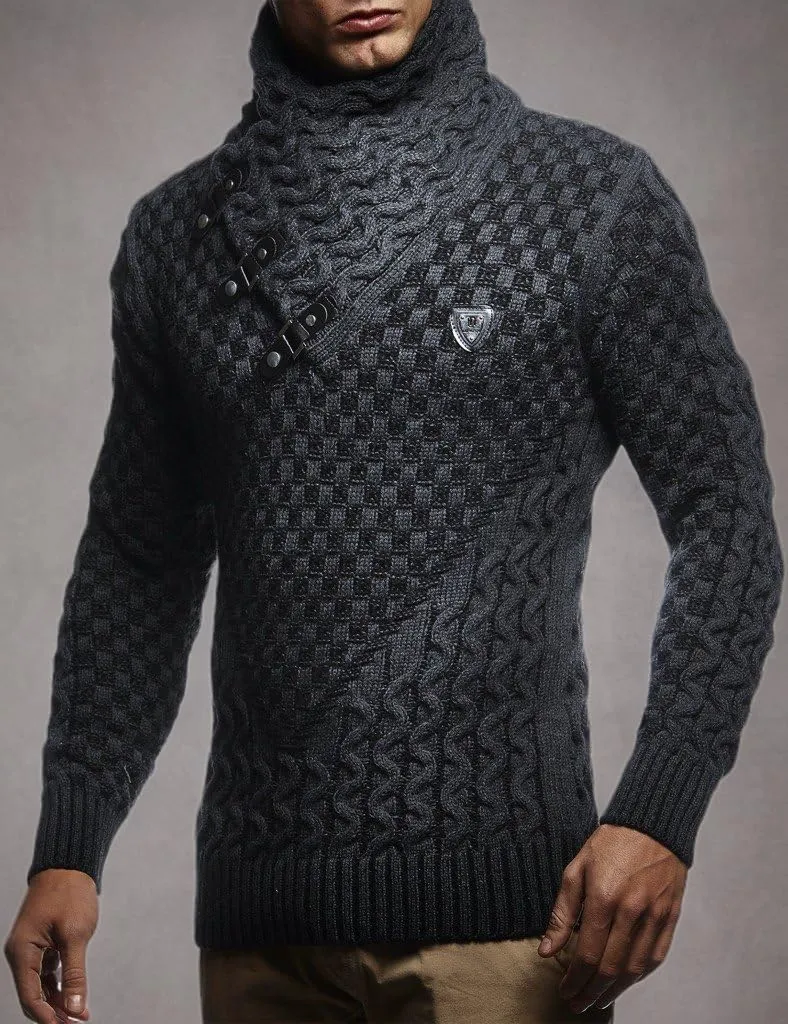 Leif Nelson Mens Knitted Pullover | Long-Sleeved Slim fit Shirt | Basic Sweatshirt with Shawl Collar and Faux Leather