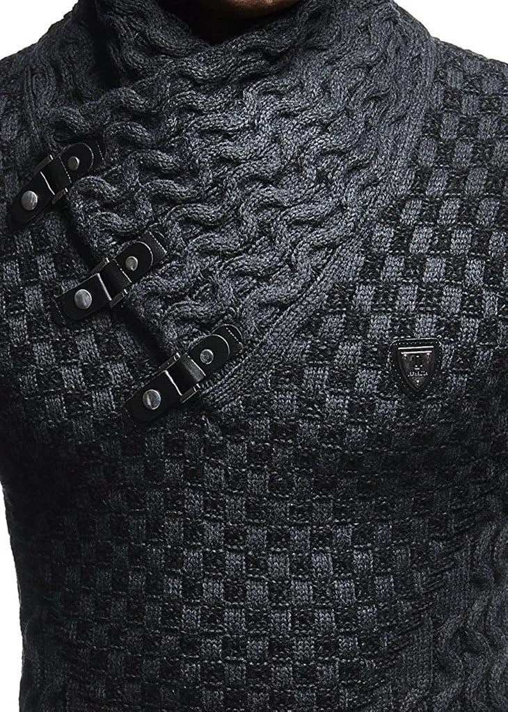 Leif Nelson Mens Knitted Pullover | Long-Sleeved Slim fit Shirt | Basic Sweatshirt with Shawl Collar and Faux Leather