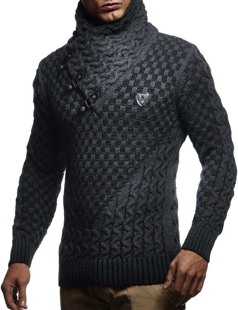 Leif Nelson Mens Knitted Pullover | Long-Sleeved Slim fit Shirt | Basic Sweatshirt with Shawl Collar and Faux Leather