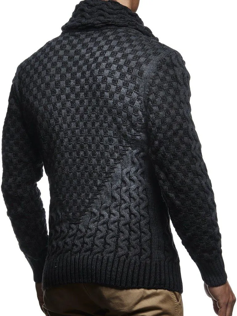 Leif Nelson Mens Knitted Pullover | Long-Sleeved Slim fit Shirt | Basic Sweatshirt with Shawl Collar and Faux Leather