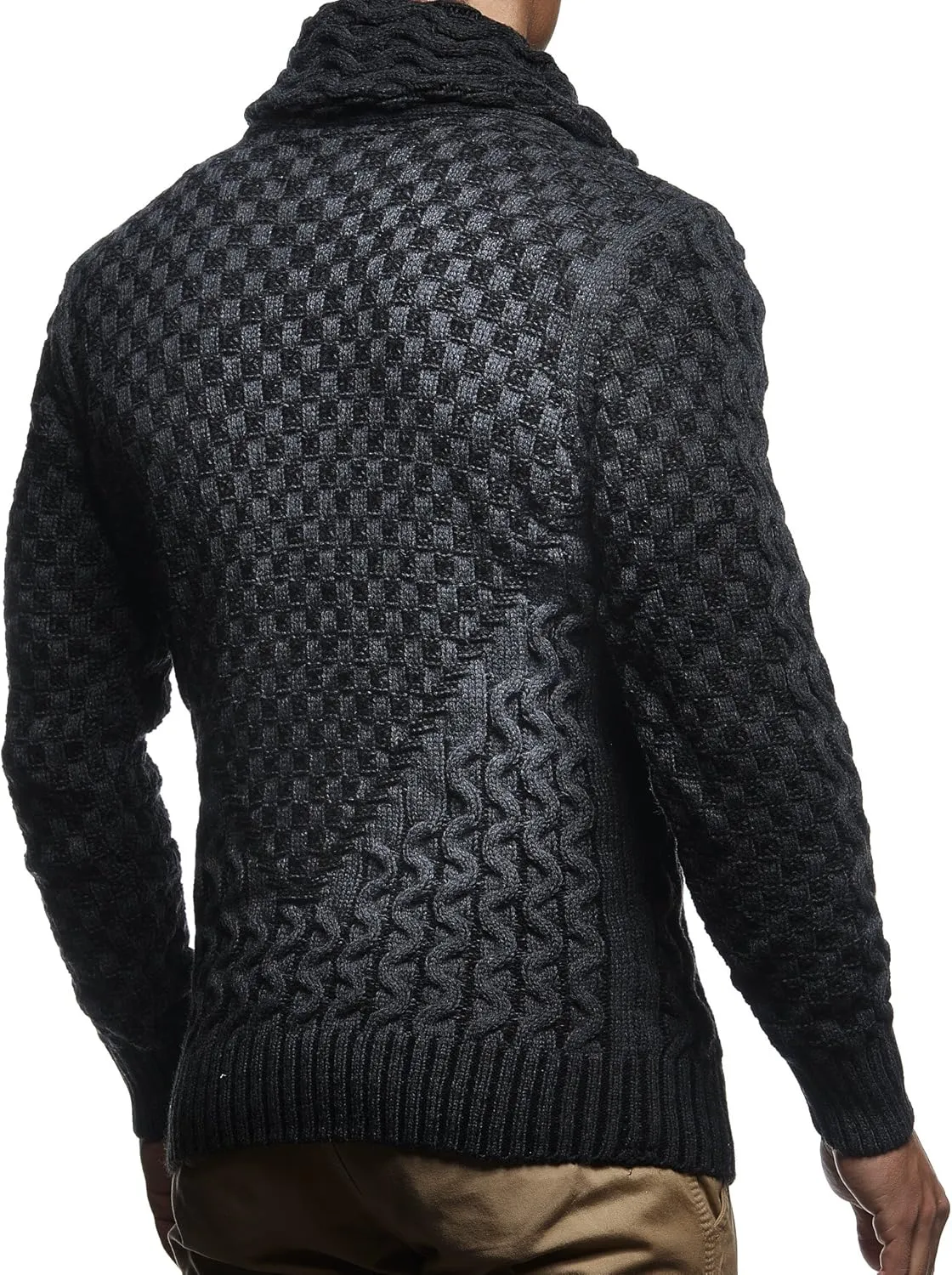 Leif Nelson Mens Knitted Pullover | Long-Sleeved Slim fit Shirt | Basic Sweatshirt with Shawl Collar and Faux Leather