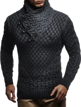 Leif Nelson Mens Knitted Pullover | Long-Sleeved Slim fit Shirt | Basic Sweatshirt with Shawl Collar and Faux Leather