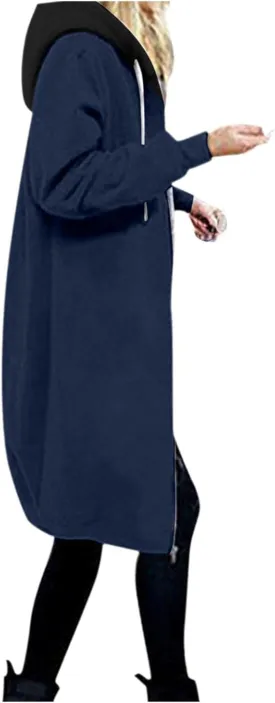 Long Jacket for Women Long Sleeve V Neck Full Zip Up Plain Trench Hooded Coat with Pocket Fleece Casual Duster Coat Winter