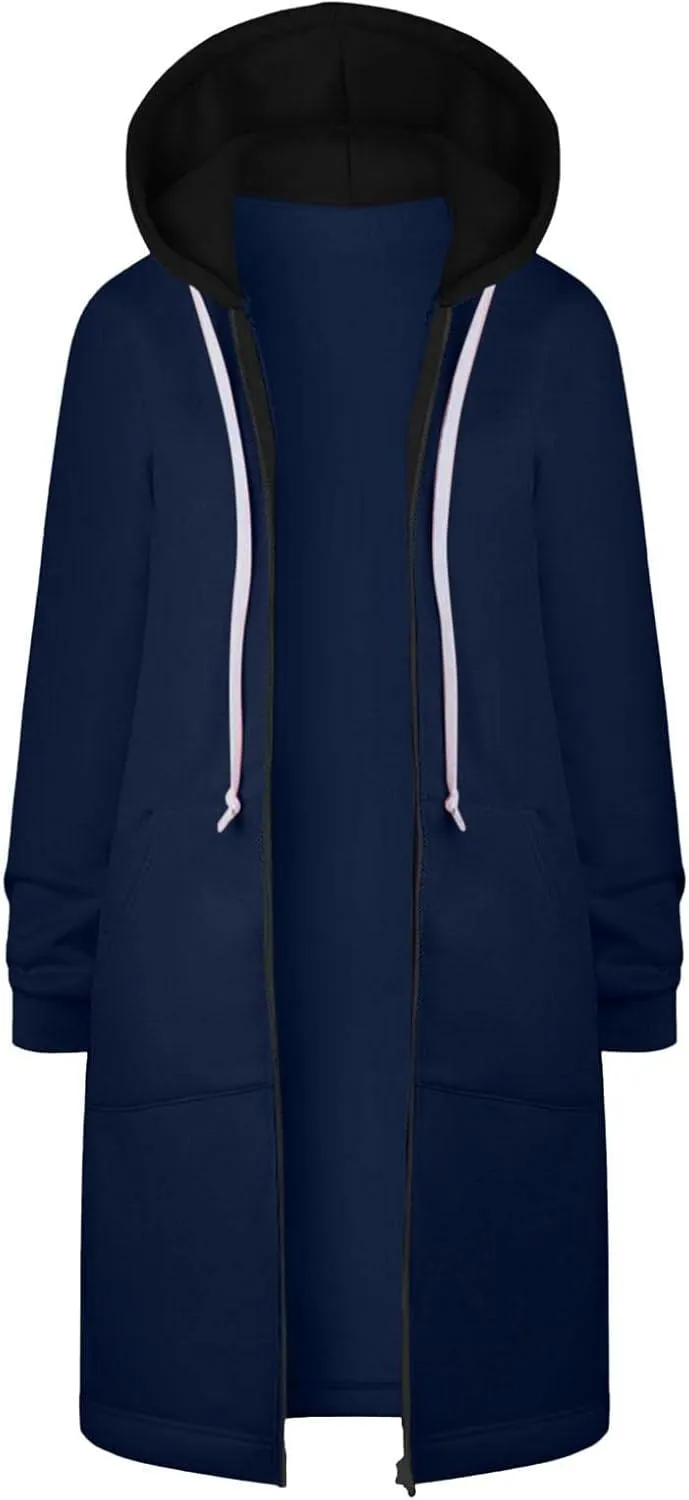 Long Jacket for Women Long Sleeve V Neck Full Zip Up Plain Trench Hooded Coat with Pocket Fleece Casual Duster Coat Winter