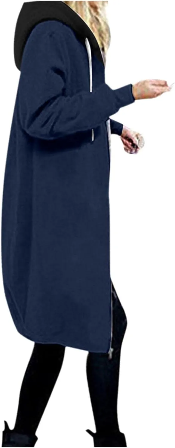 Long Jacket for Women Long Sleeve V Neck Full Zip Up Plain Trench Hooded Coat with Pocket Fleece Casual Duster Coat Winter