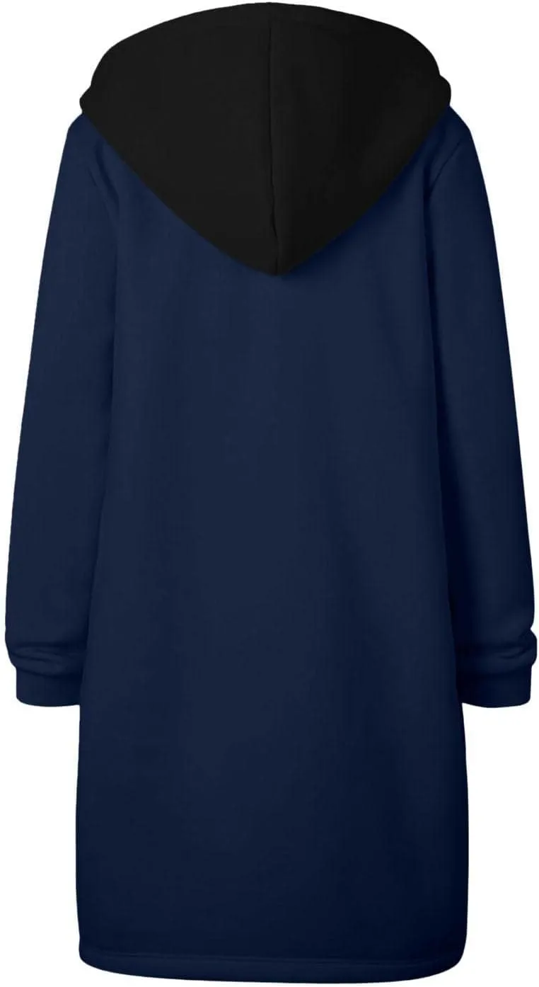 Long Jacket for Women Long Sleeve V Neck Full Zip Up Plain Trench Hooded Coat with Pocket Fleece Casual Duster Coat Winter