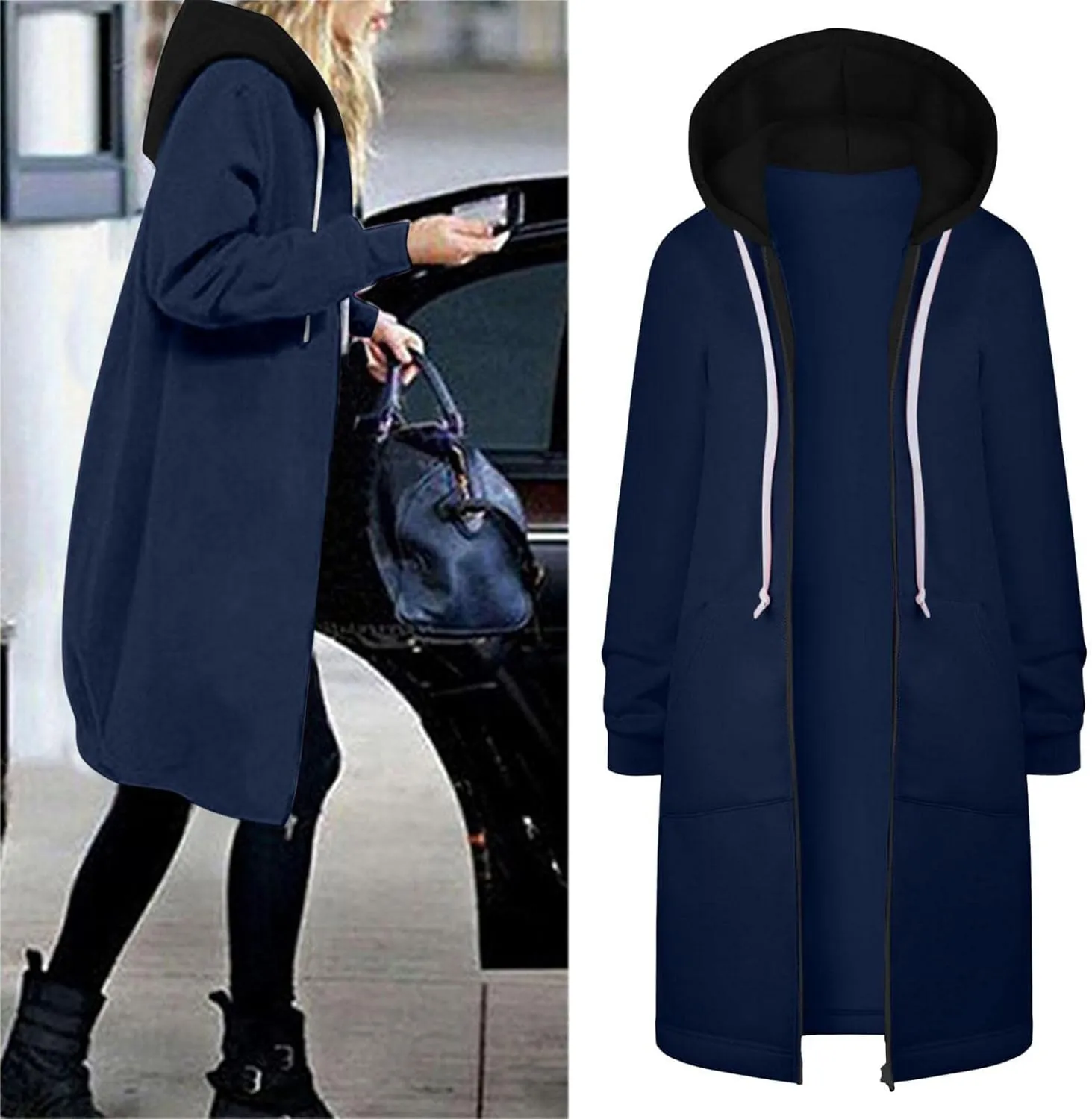Long Jacket for Women Long Sleeve V Neck Full Zip Up Plain Trench Hooded Coat with Pocket Fleece Casual Duster Coat Winter