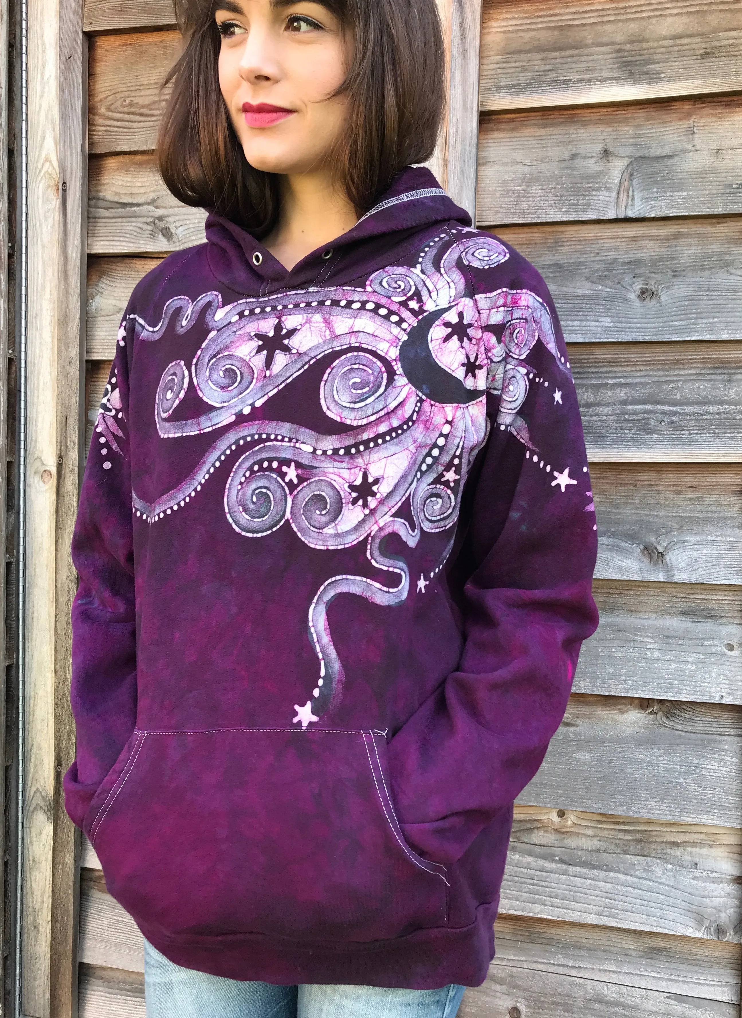 Maroon Moonlight Tranquility - Organic Cotton Batikwalla Hoodie