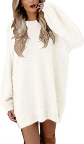 Meenew Women's Furry Pullover Sweater Dress Loose Oversized Long Knitted Tops