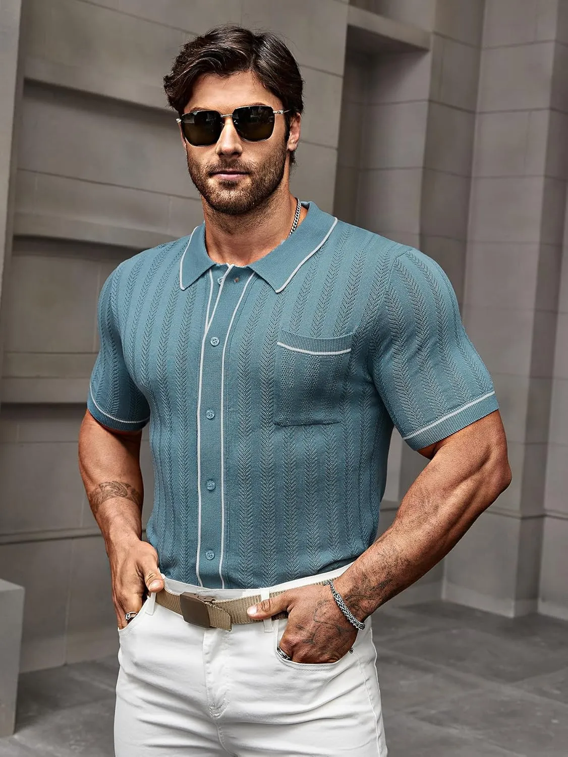 Men's Short Sleeve Breathable Knit Polo Shirt Hollow Out Button Down Knitwear