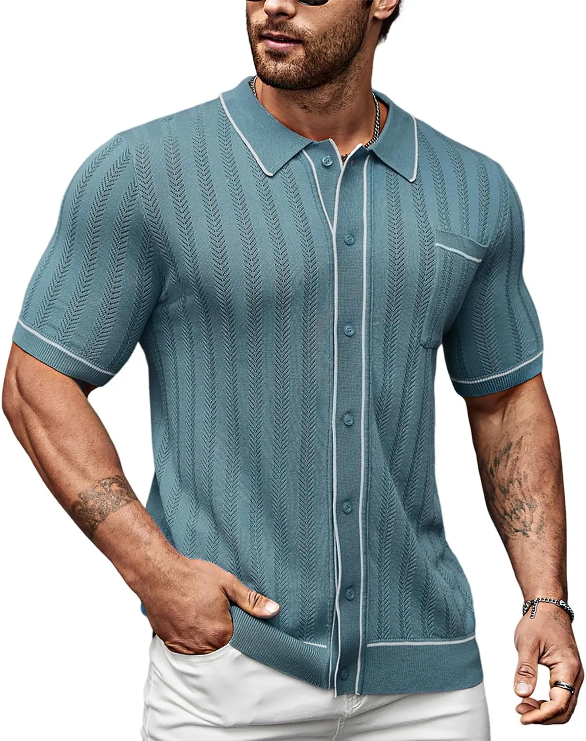 Men's Short Sleeve Breathable Knit Polo Shirt Hollow Out Button Down Knitwear
