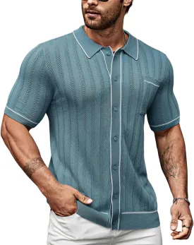 Men's Short Sleeve Breathable Knit Polo Shirt Hollow Out Button Down Knitwear
