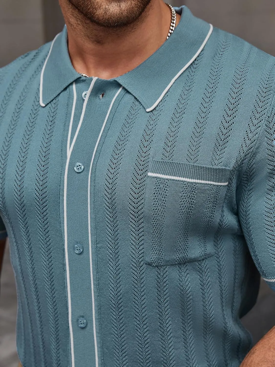 Men's Short Sleeve Breathable Knit Polo Shirt Hollow Out Button Down Knitwear
