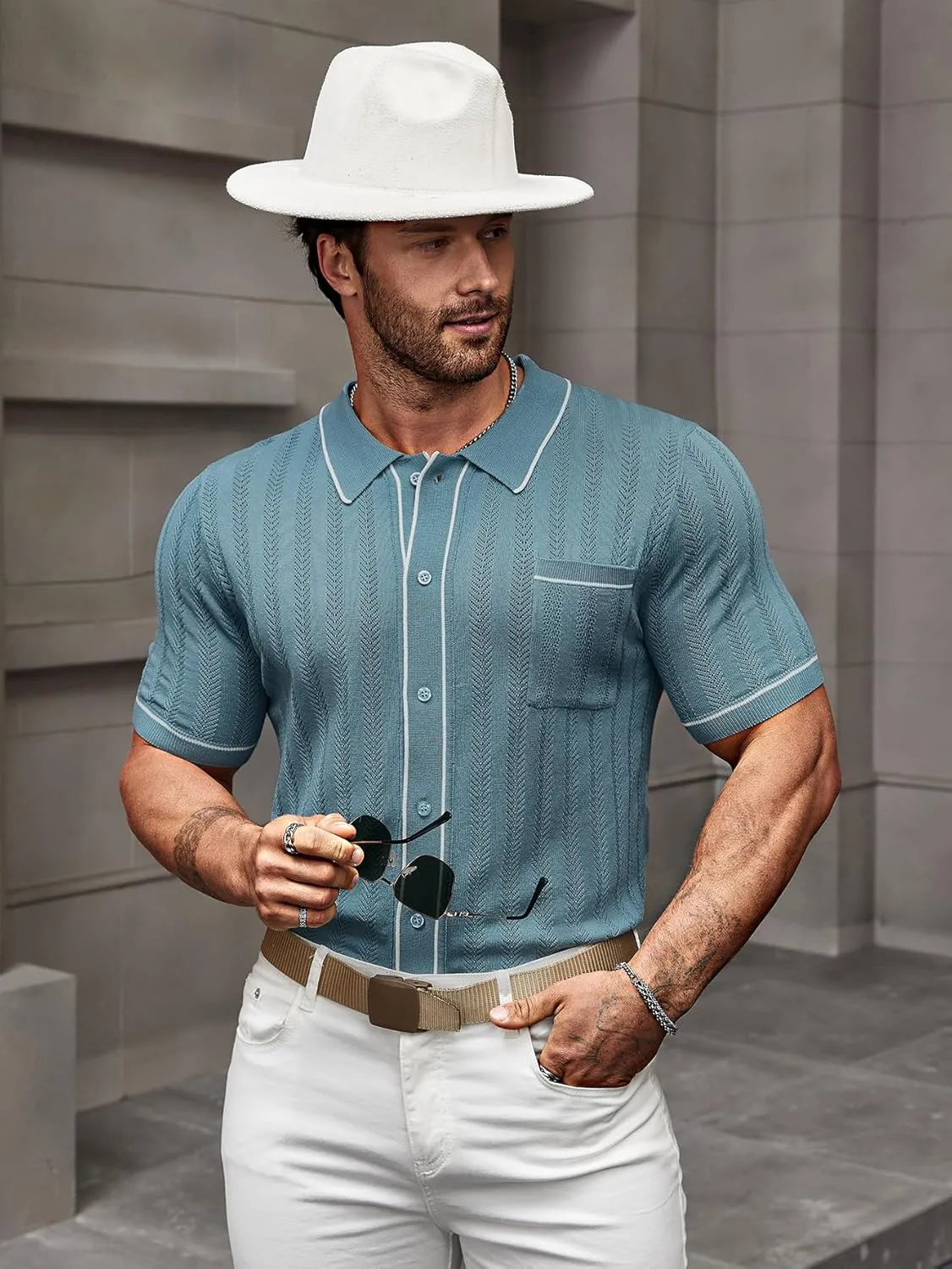 Men's Short Sleeve Breathable Knit Polo Shirt Hollow Out Button Down Knitwear
