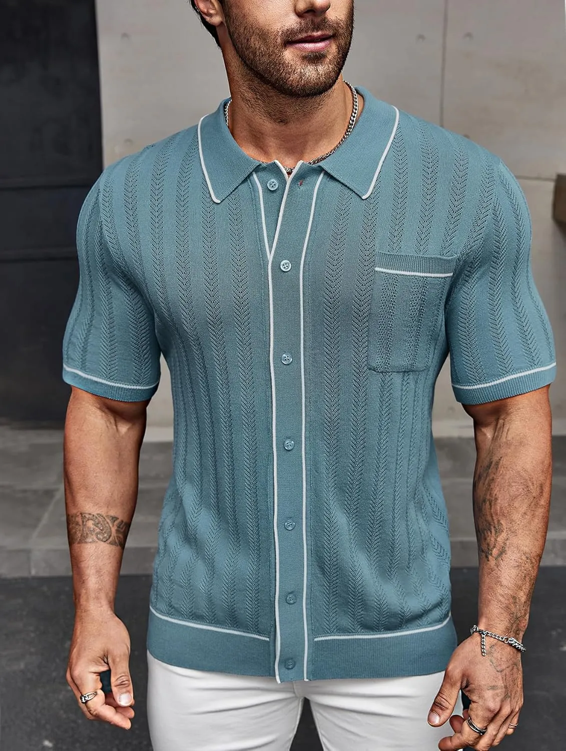 Men's Short Sleeve Breathable Knit Polo Shirt Hollow Out Button Down Knitwear