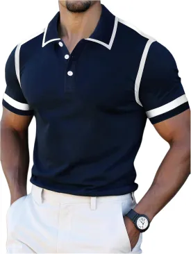 Men's Striped Collared T Shirt Short Sleeve Button Front Golf Shirt Casual Work Tops
