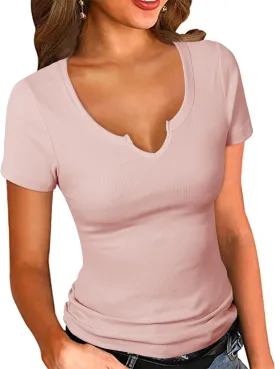 PALINDA Women's Notch V Scoop Neck Ribbed Fitted Shirt Basic Short Sleeves Tee Shirt Top