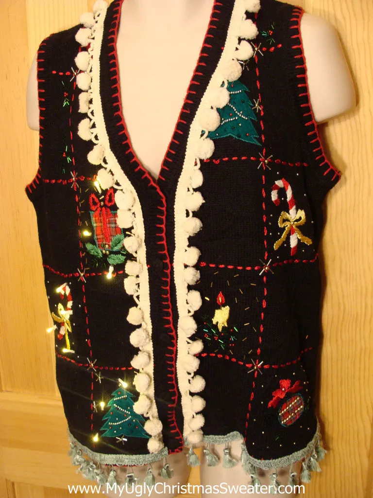 Tacky Ugly Christmas Sweater Vest with Lights and Fringe (g13)