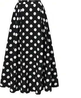 ThreeH Women's Pleated Skirt Casual Flared High Waisted Long Skirt Basic A-Line Dot Bohemia