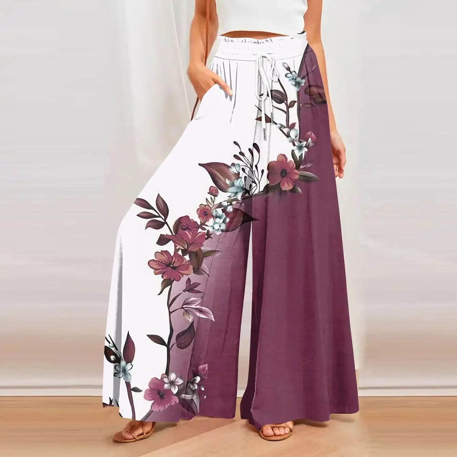 Women's Bohemian Gradient Color Elastic Casual High Waisted Wide Leg Dressy Loose Fit Pants with Pockets