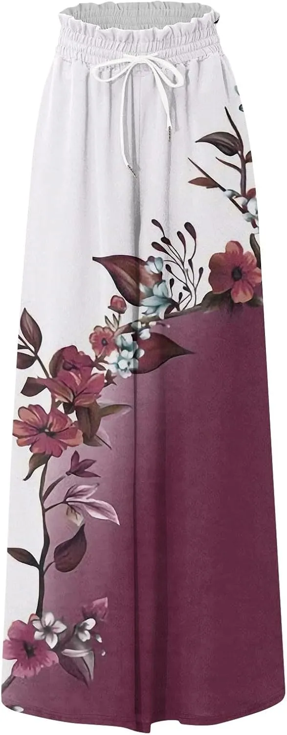 Women's Bohemian Gradient Color Elastic Casual High Waisted Wide Leg Dressy Loose Fit Pants with Pockets