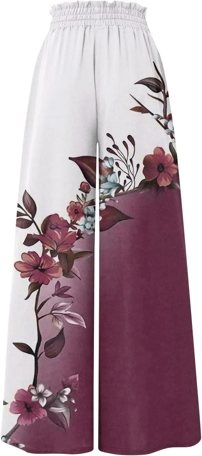 Women's Bohemian Gradient Color Elastic Casual High Waisted Wide Leg Dressy Loose Fit Pants with Pockets