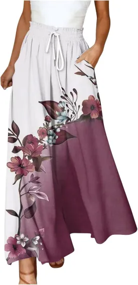 Women's Bohemian Gradient Color Elastic Casual High Waisted Wide Leg Dressy Loose Fit Pants with Pockets