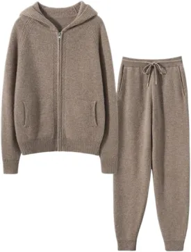 Women's Cashmere and Wool Blend Casual Knit Long Sleeve Thickening Type Hoodie Sweater and Pants Set, 2 Pieces,