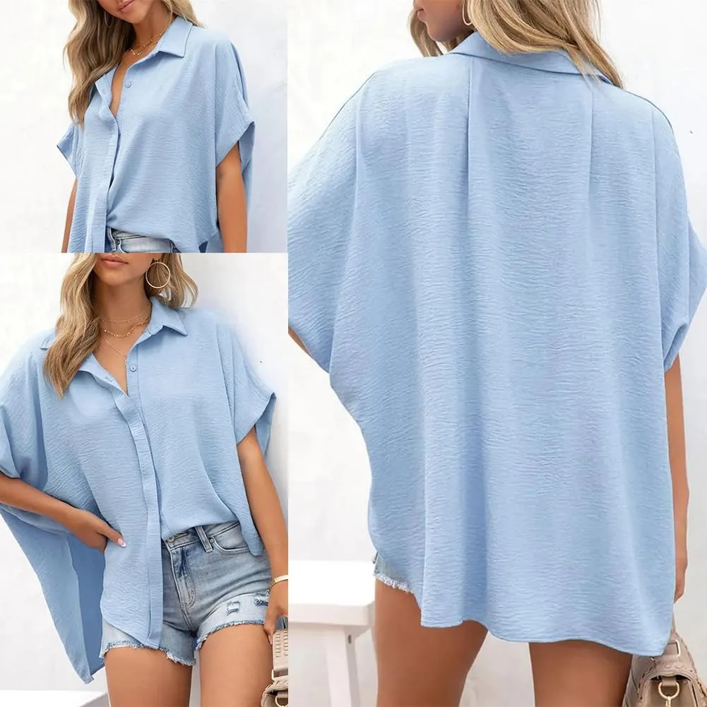 Women's Casual Button Short Sleeve Slit Hem Shirt Solid Color Tops, Ruffled Loose Short-Sleeved T-Shirt Top