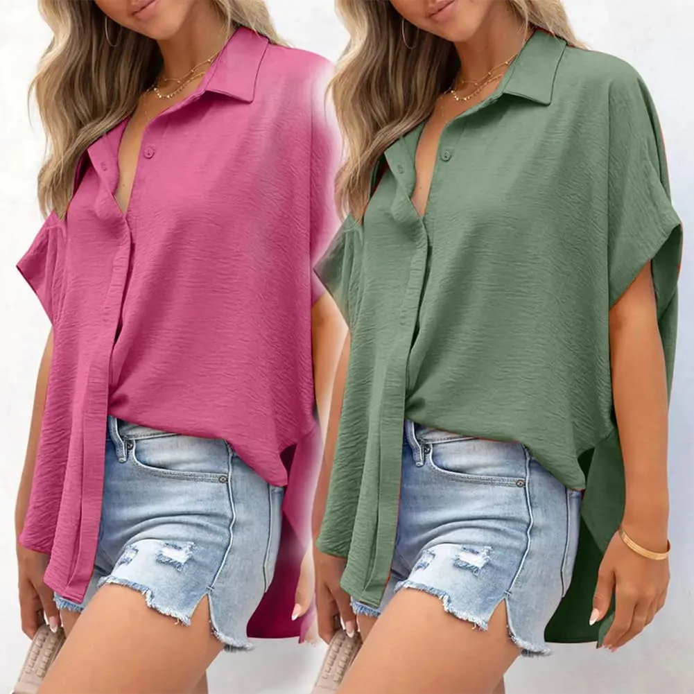 Women's Casual Button Short Sleeve Slit Hem Shirt Solid Color Tops, Ruffled Loose Short-Sleeved T-Shirt Top