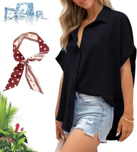 Women's Casual Button Short Sleeve Slit Hem Shirt Solid Color Tops, Ruffled Loose Short-Sleeved T-Shirt Top