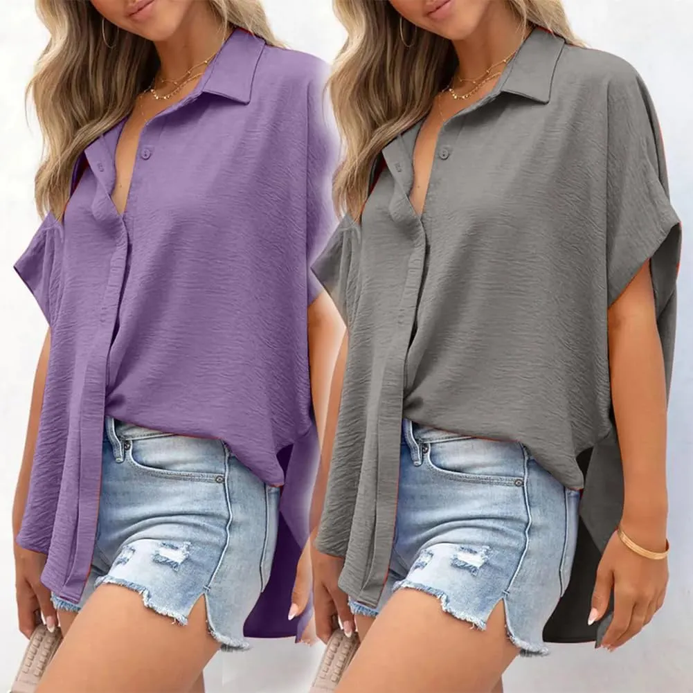 Women's Casual Button Short Sleeve Slit Hem Shirt Solid Color Tops, Ruffled Loose Short-Sleeved T-Shirt Top