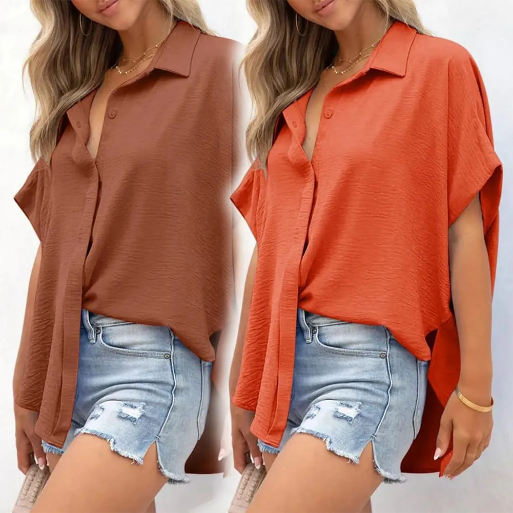 Women's Casual Button Short Sleeve Slit Hem Shirt Solid Color Tops, Ruffled Loose Short-Sleeved T-Shirt Top